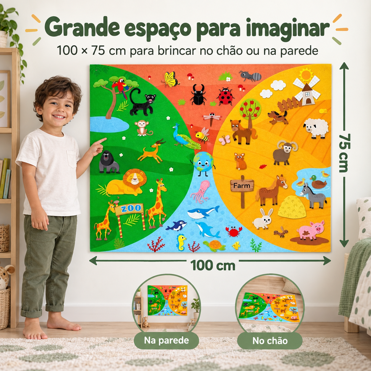 Painel Educativo Infantil de Feltro 4 Temas Fazenda, Zoo, Oceano e Insetos