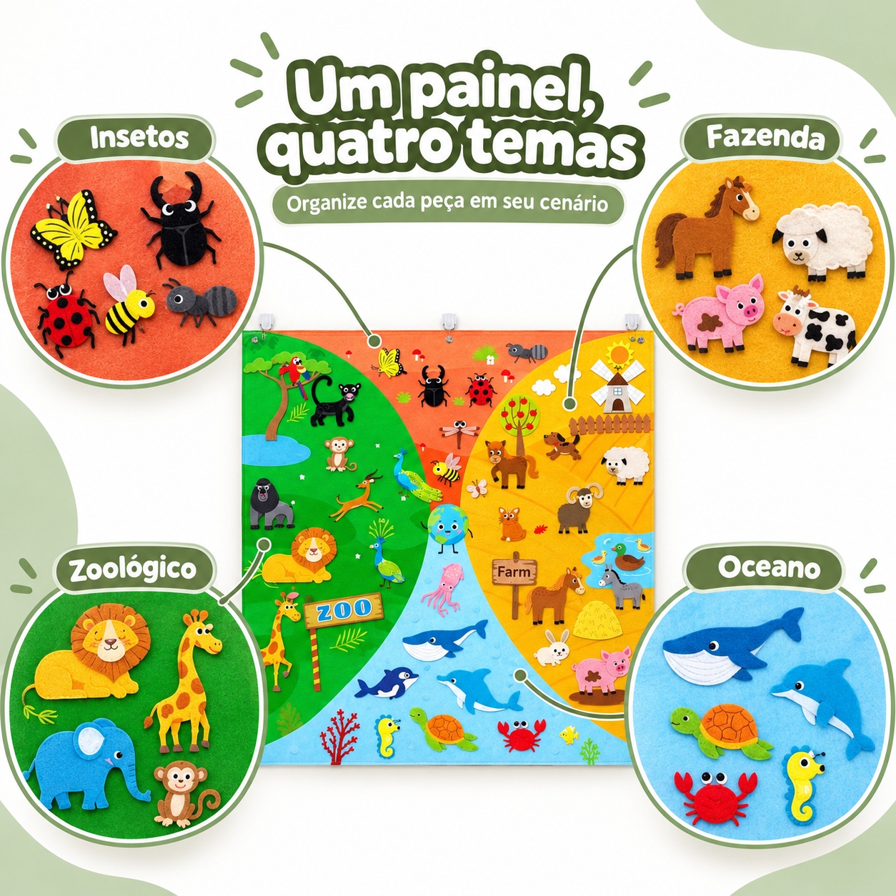 Painel Educativo Infantil de Feltro 4 Temas Fazenda, Zoo, Oceano e Insetos
