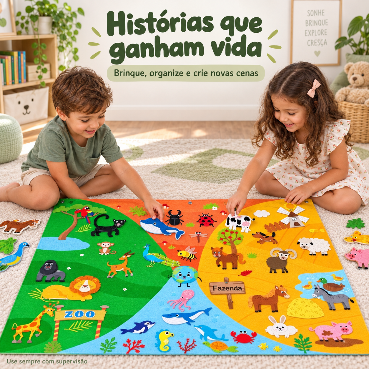 Painel Educativo Infantil de Feltro 4 Temas Fazenda, Zoo, Oceano e Insetos