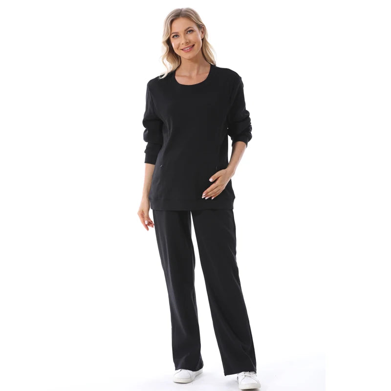 Suéter e calça monocromática feminina, conjunto de roupas para maternidade, roupas para amamentação, moda coreana, outono e inverno