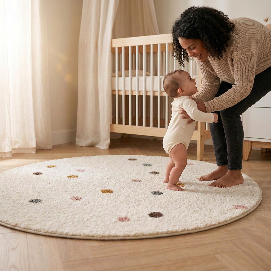 Tapete Infantil Redondo Macio Bege Poá Boho - Kabannas