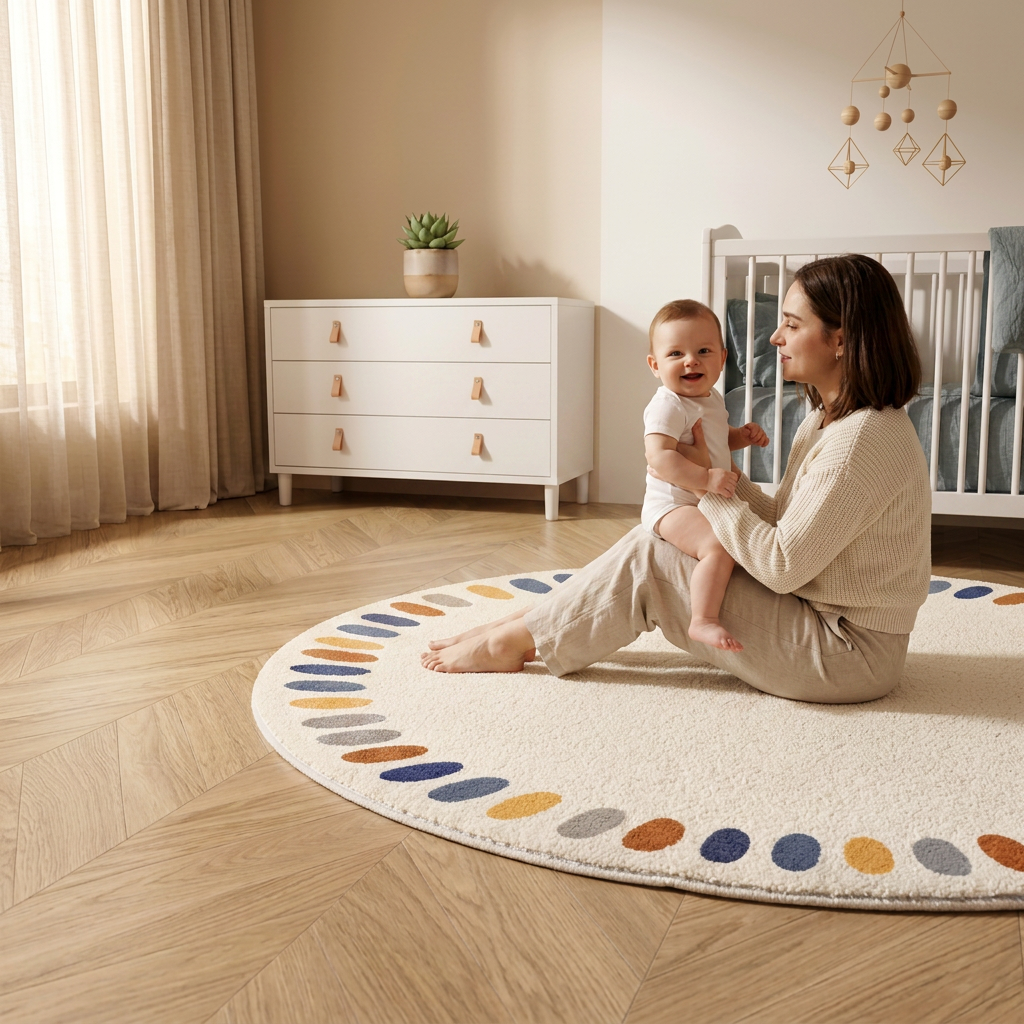 Tapete Infantil Redondo Macio Off-White Poá Boho - Kabannas