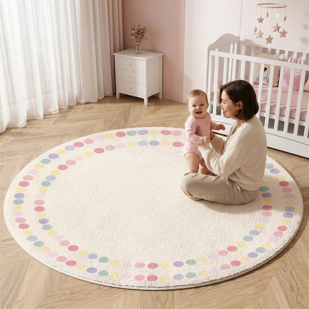 Tapete Infantil Redondo Macio Off-White Poá Candy Colors - Kabannas