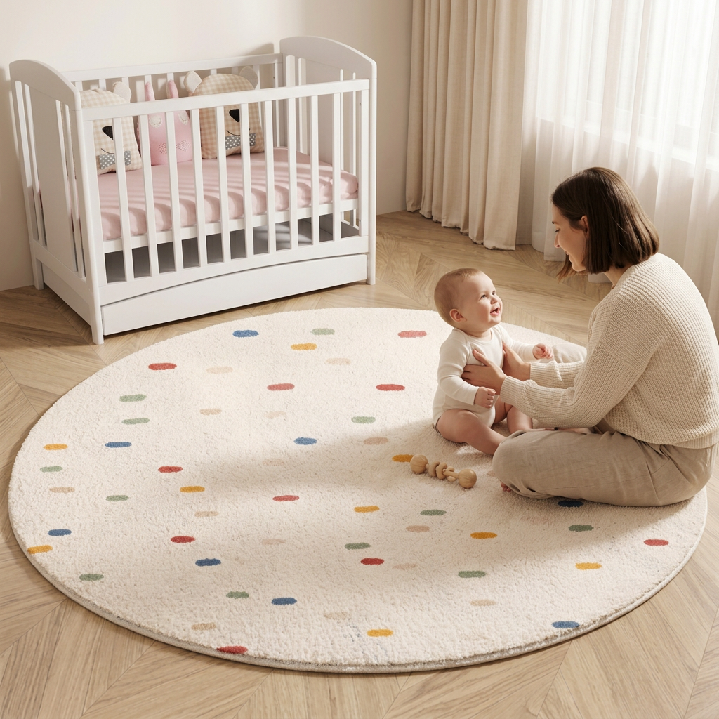 Tapete Infantil Redondo Macio Off-White Poá Colorido - Kabannas