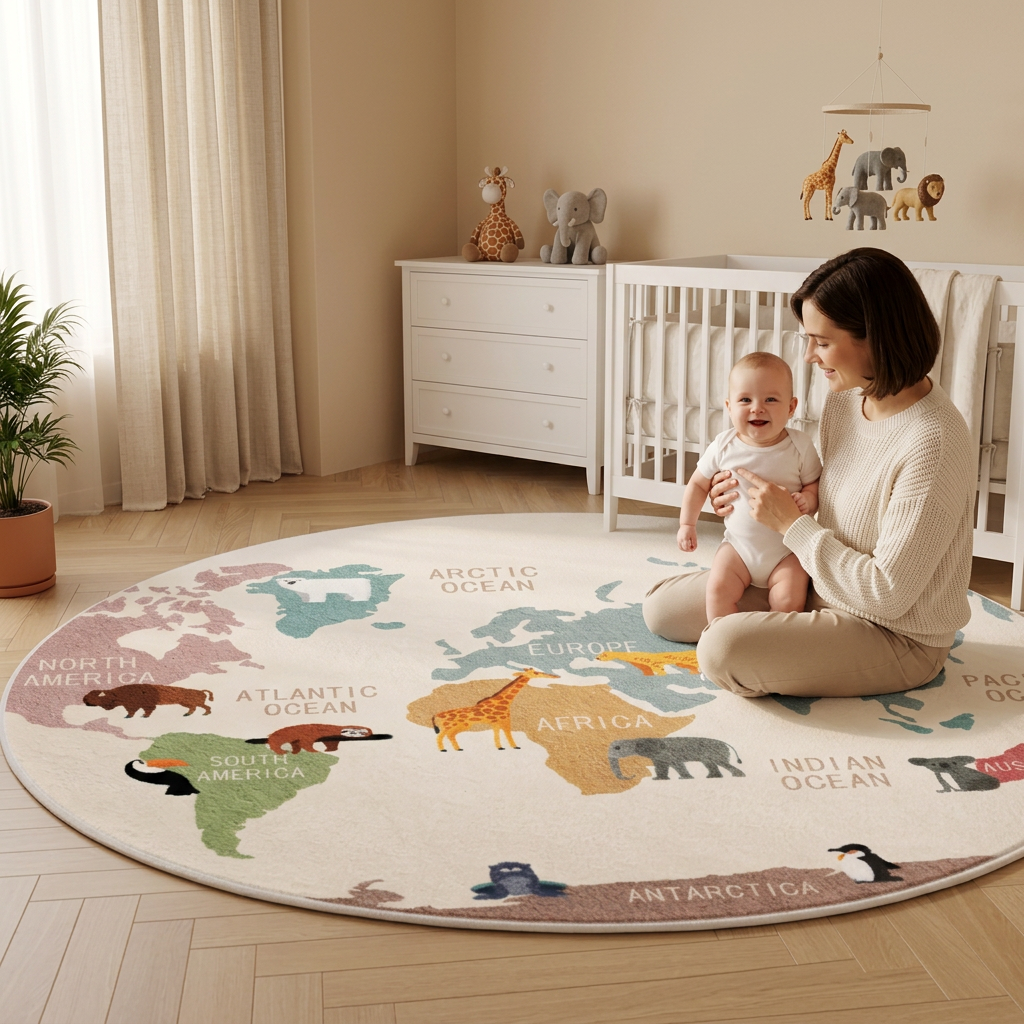 Tapete Infantil Redondo Mapa Mundi Safari Montessori - Kabannas