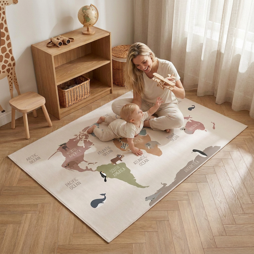 Tapete Infantil Retangular Mapa Mundi Safari Montessori - Kabannas
