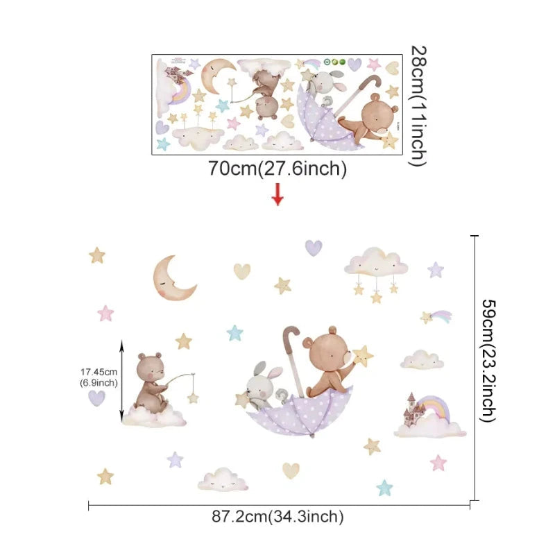 Adesivo de Parede Infantil Balão de Ar Quente com Animais Adesivos de Parede 04 Kabannas Animais e lua 