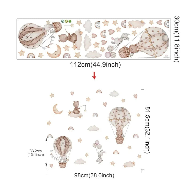 Adesivo de Parede Infantil Balão de Ar Quente com Animais Adesivos de Parede 04 Kabannas Balão e arco-Íris 