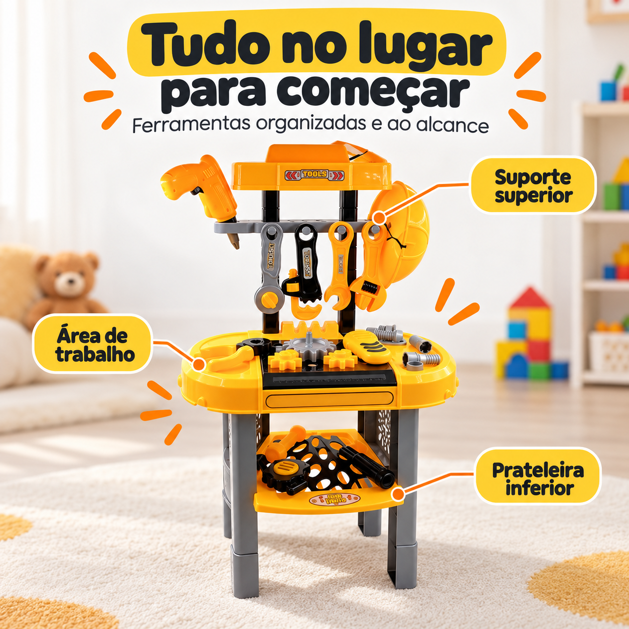 Bancada infantil com ferramentas organizadas e prateleira