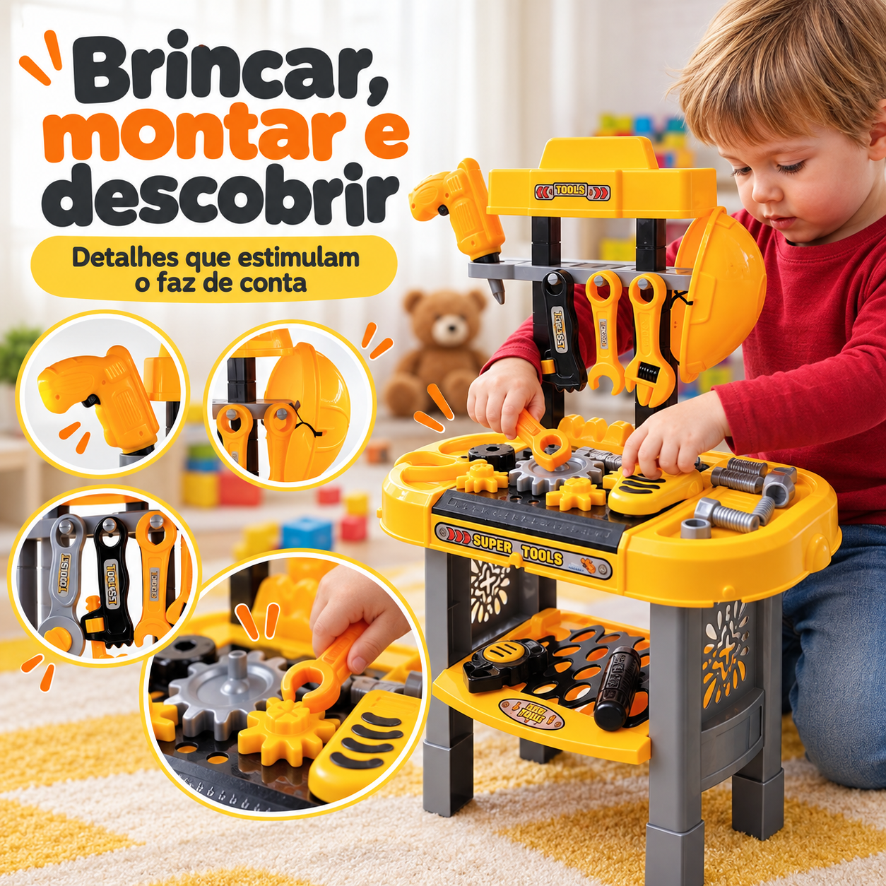 Bancada infantil com engrenagens para montar e descobrir