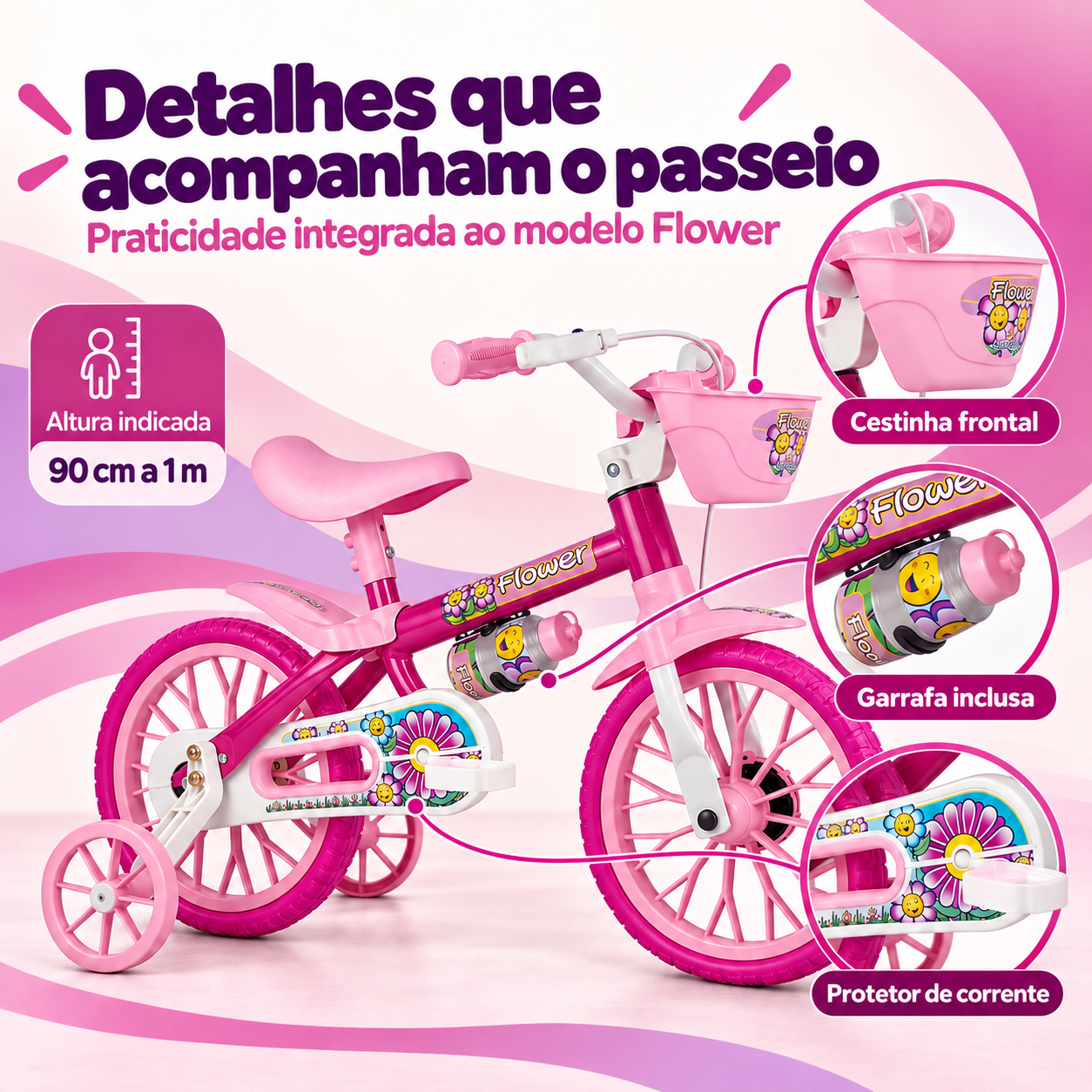 Cestinha garrafa e protetor de corrente da bicicleta Nathor Flower