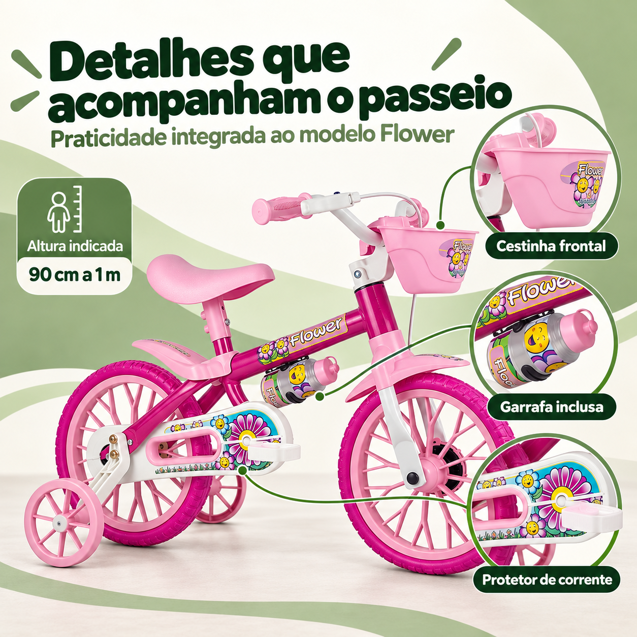 Cestinha, garrafa e protetor de corrente da bicicleta Nathor Flower