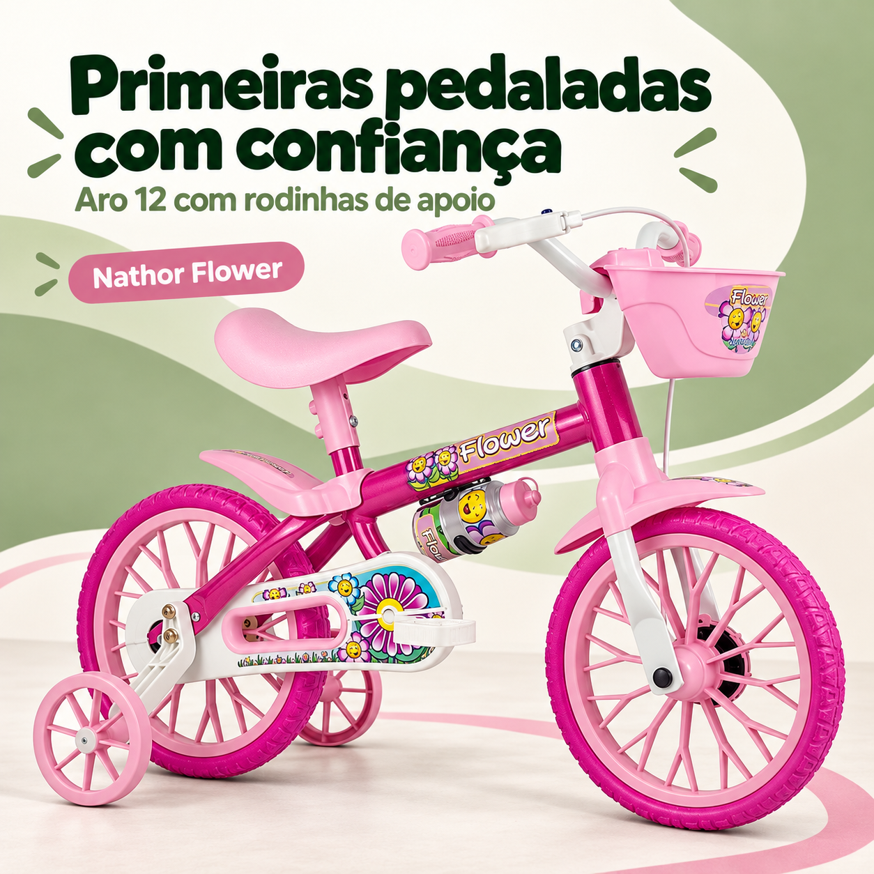 Bicicleta infantil Nathor Flower aro 12 com rodinhas de apoio