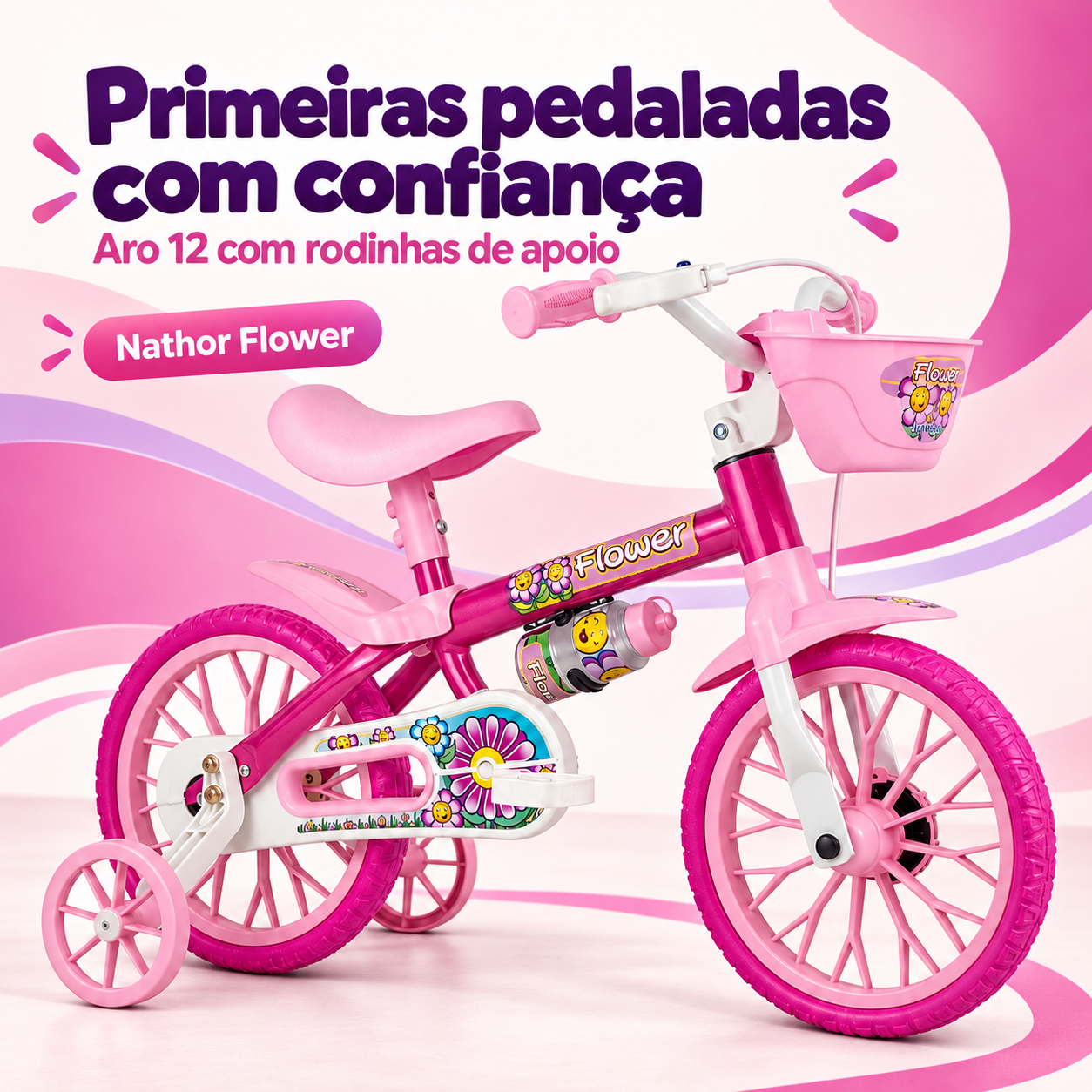Bicicleta infantil Nathor Flower aro 12 com rodinhas de apoio