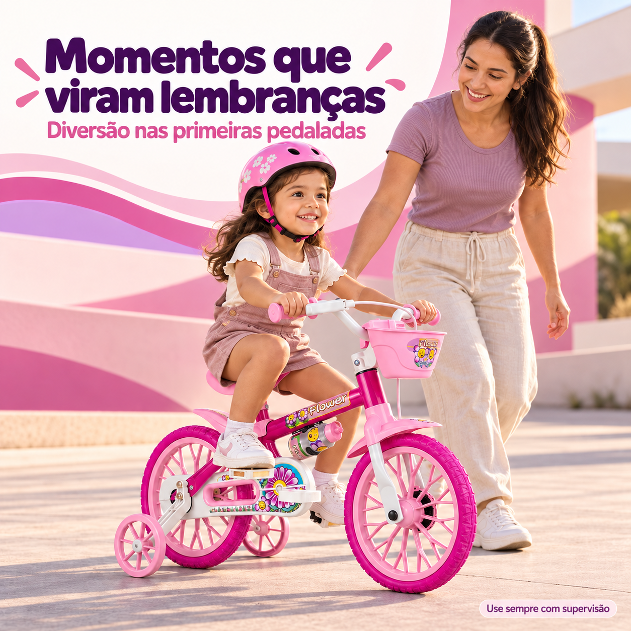 Criança pedalando bicicleta Nathor Flower com supervisão