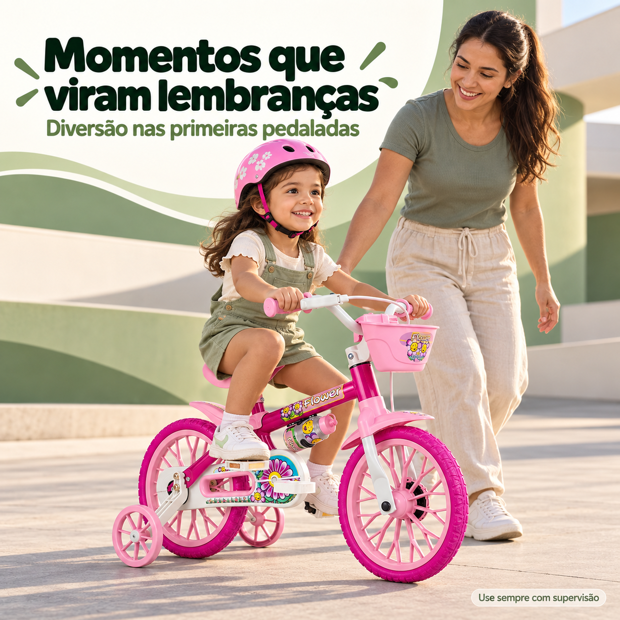 Menina pedalando bicicleta infantil Nathor Flower com supervisão