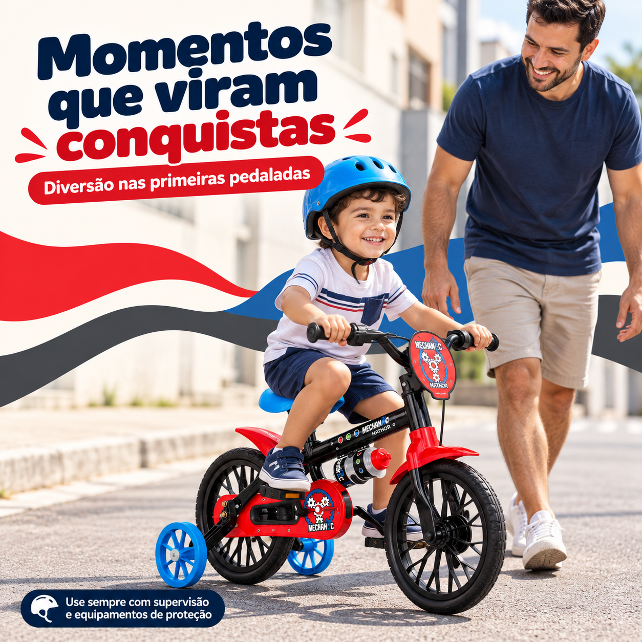 Criança usando bicicleta Nathor Mechanic com supervisão