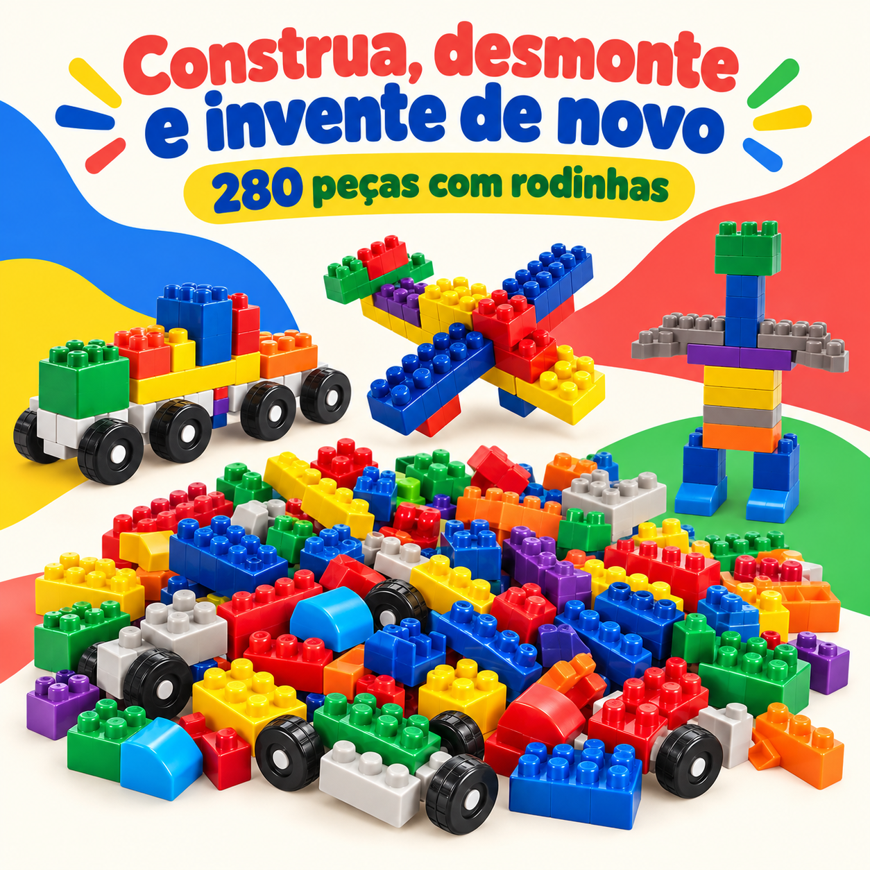 Blocos de montar infantis 280 peças com rodinhas