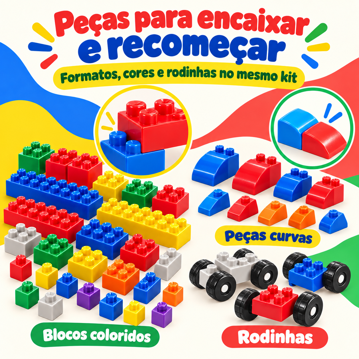 Blocos coloridos peças curvas e rodinhas