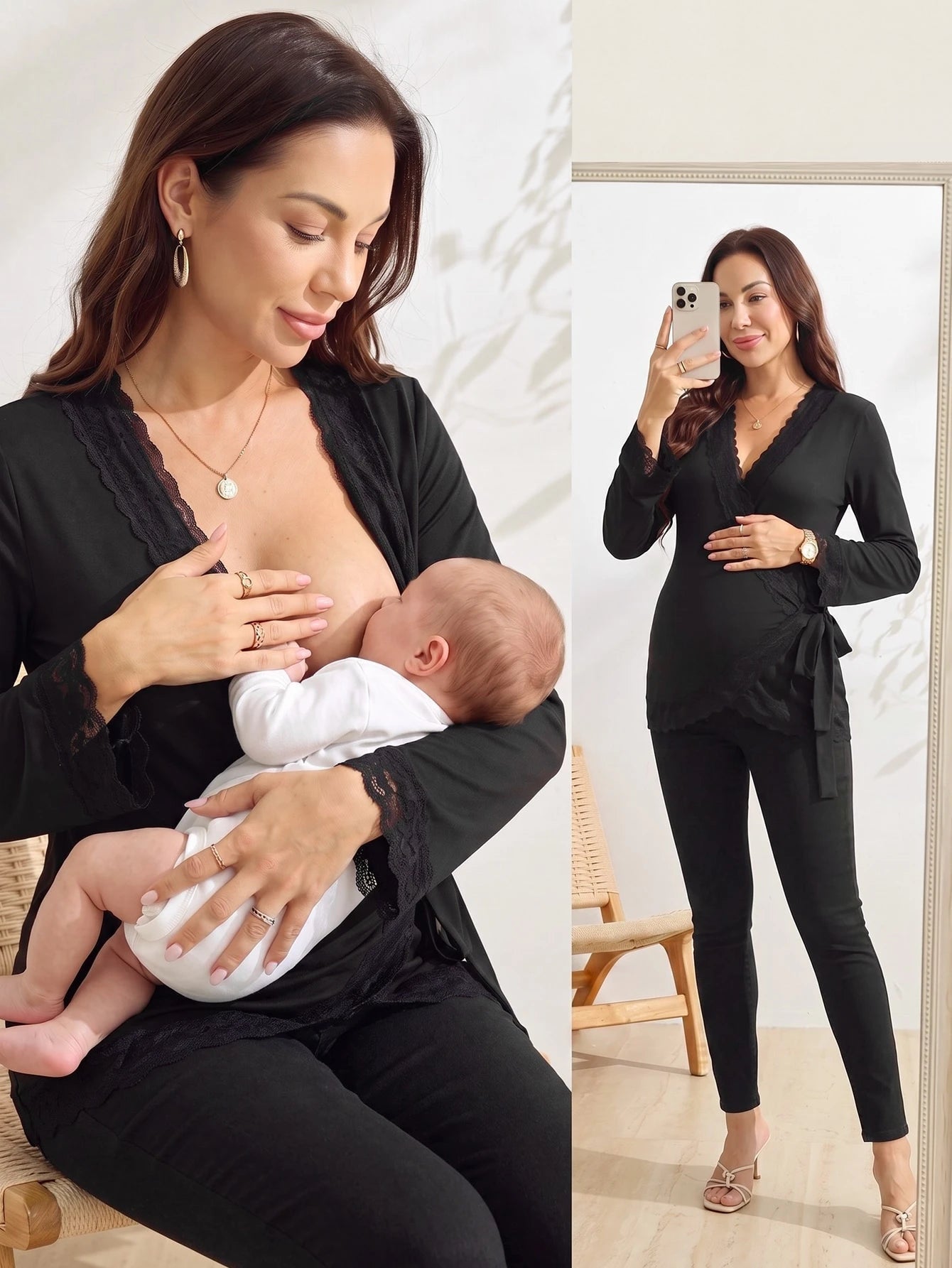 Blusa Gestante e Amamentação Transpassada Manga Flare com Punho de Renda - Preto