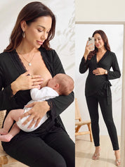 Blusa Gestante e Amamentação Transpassada Manga Flare com Punho de Renda - Preto