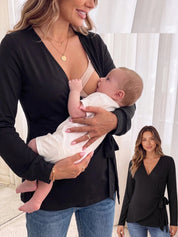 Blusa Gestante e Amamentação Transpassada Manga Longa com Amarração - Preto