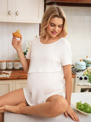 Blusa Gestante e Amamentação Jacquard Manga Curta com Barra Assimétrica - Branco