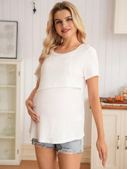 Blusa Gestante e Amamentação Jacquard Manga Curta com Barra Assimétrica - Branco