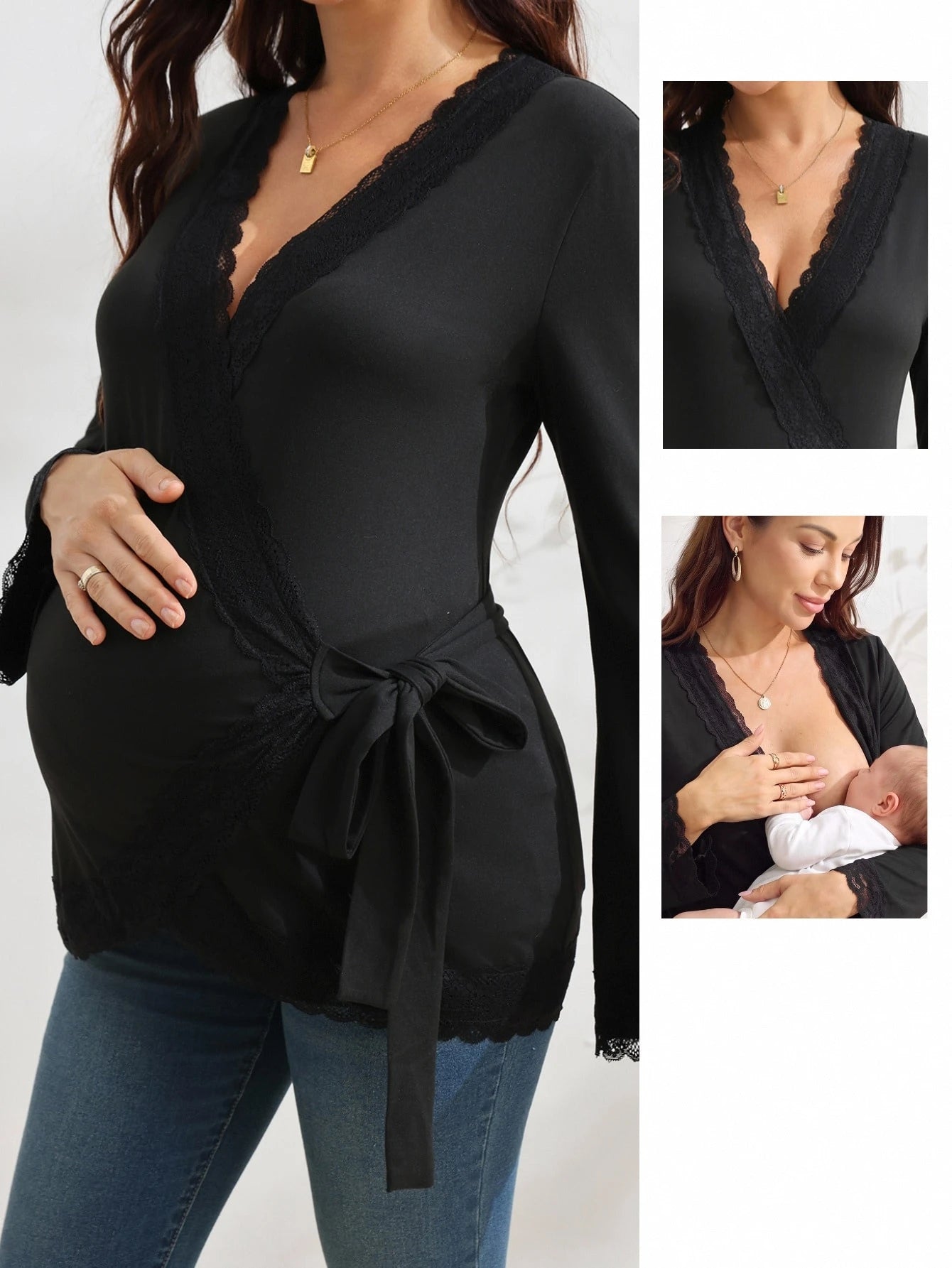 Blusa Gestante e Amamentação Transpassada Manga Flare com Punho de Renda - Preto