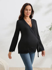 Blusa Gestante e Amamentação Transpassada Manga Flare com Punho de Renda - Preto