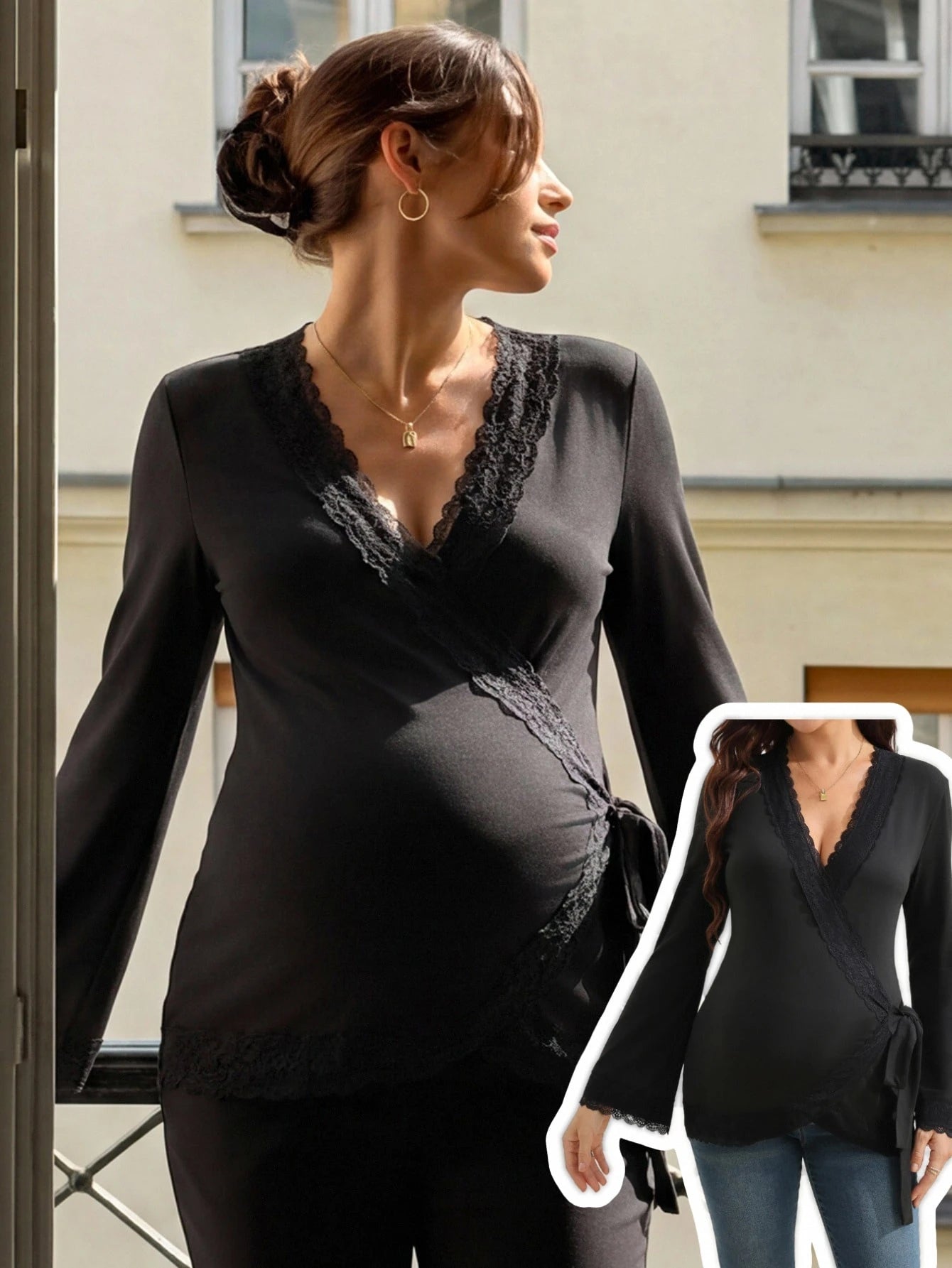 Blusa Gestante e Amamentação Transpassada Manga Flare com Punho de Renda - Preto