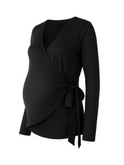 Blusa Gestante e Amamentação Transpassada Manga Longa com Amarração - Preto