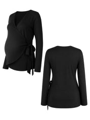 Blusa Gestante e Amamentação Transpassada Manga Longa com Amarração - Preto