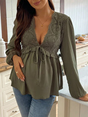 Blusa Gestante Peplum Manga Longa com Renda e Decote V - Verde militar