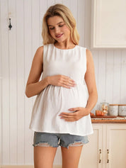 Blusa Gestante Regata Bata de Algodão com Barra Evasê - Branco