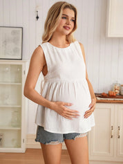 Blusa Gestante Regata Bata de Algodão com Barra Evasê - Branco