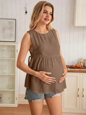Blusa Gestante Regata Bata de Algodão com Barra Evasê - Marrom