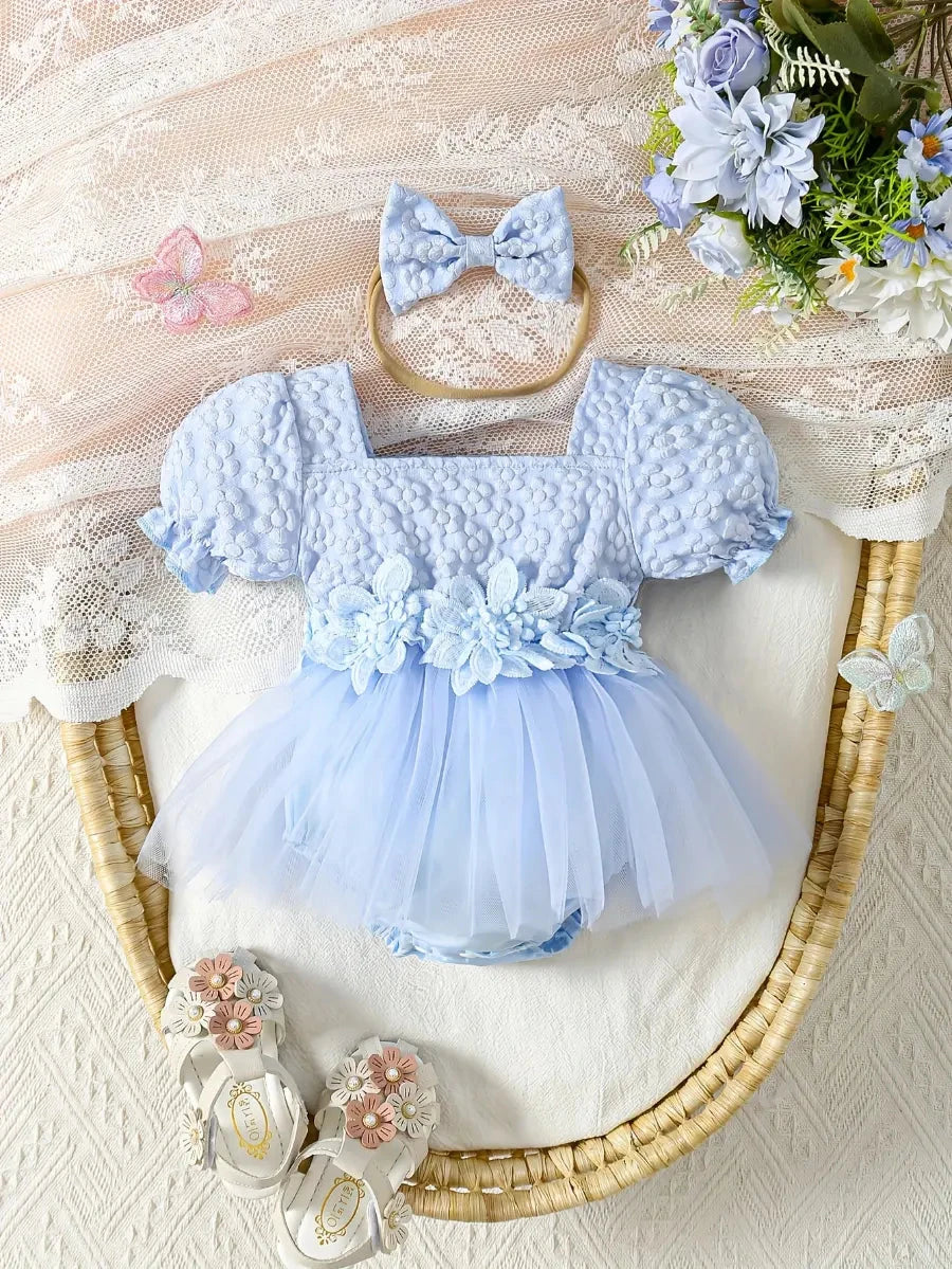 Body Macacão Bebê Menina Saia Tule Jacquard Floral Aplique 3D Manga Balão Tiara Macacão Menina 02 Kabannas Azul claro 0-3 Meses 