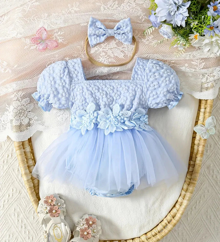 Body Macacão Bebê Menina Saia Tule Jacquard Floral Aplique 3D Manga Balão Tiara Macacão Menina 02 Kabannas Azul claro 0-3 Meses 