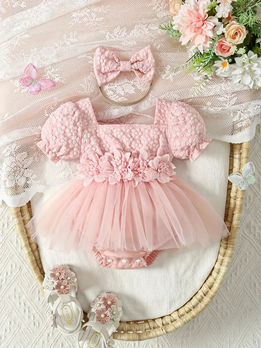 Body Macacão Bebê Menina Saia Tule Jacquard Floral Aplique 3D Manga Balão Tiara Macacão Menina 02 Kabannas Rosa 0-3 Meses 
