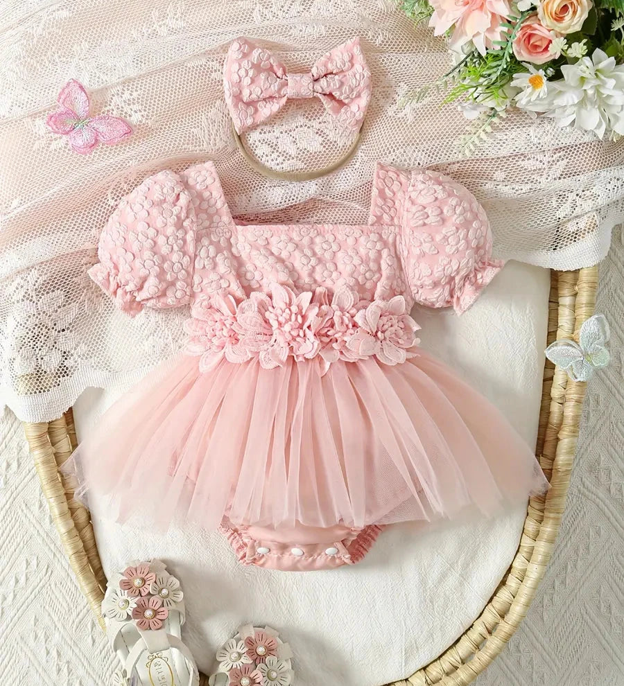 Body Macacão Bebê Menina Saia Tule Jacquard Floral Aplique 3D Manga Balão Tiara Macacão Menina 02 Kabannas Rosa 0-3 Meses 