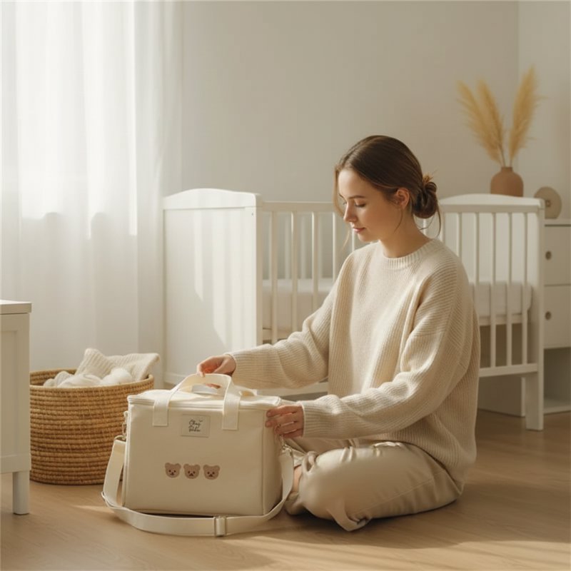 Bolsa Térmica Multifuncional para Mamães com Bordado de Ursinho Bolsa de Fraldas 02 Kabannas 