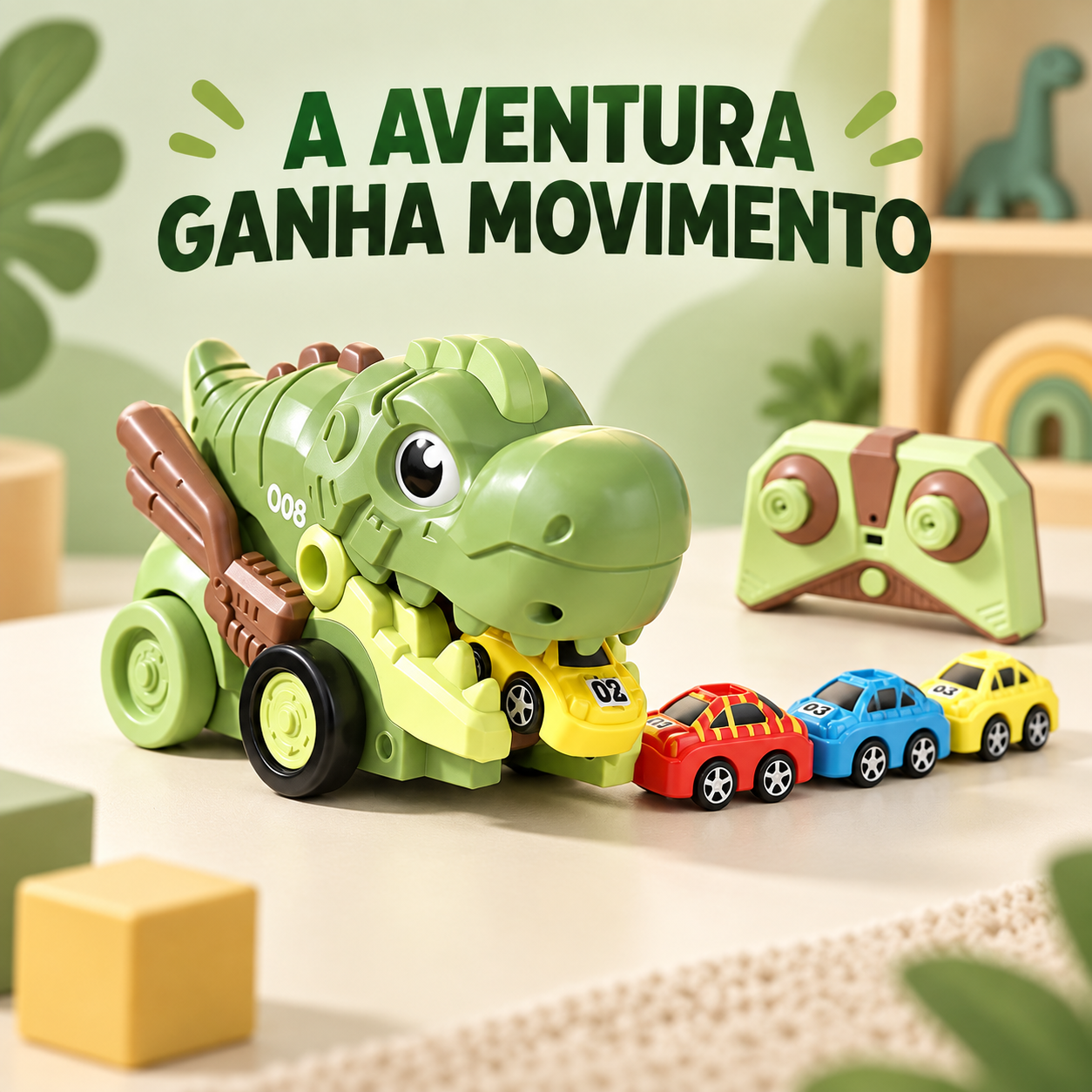 Brinquedo T-Rex verde engolindo e puxando mini carrinhos coloridos
