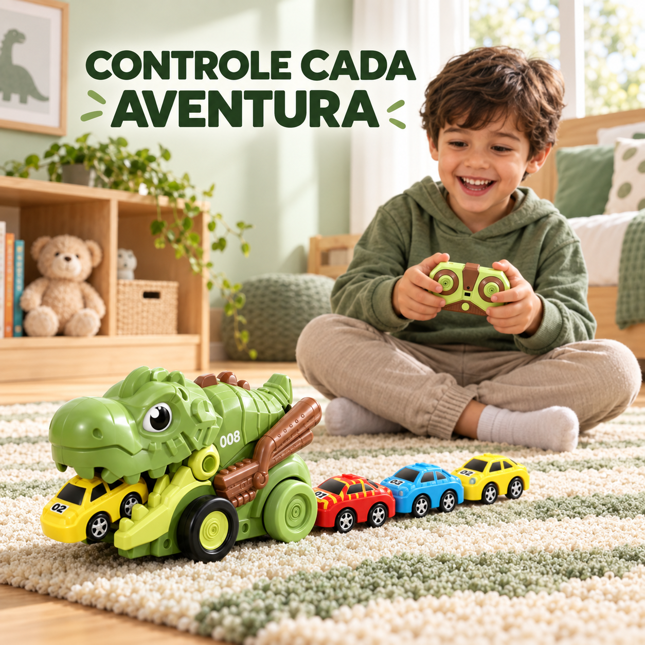 Criança brincando com dinossauro verde e controle remoto