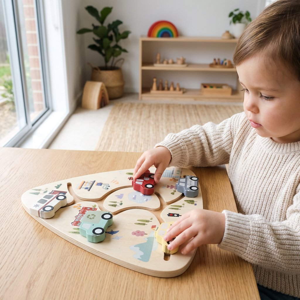 Brinquedo Montessori de Madeira Pista de Carros Educativo Infantil Brinquedos de Madeira 16 Kabannas 
