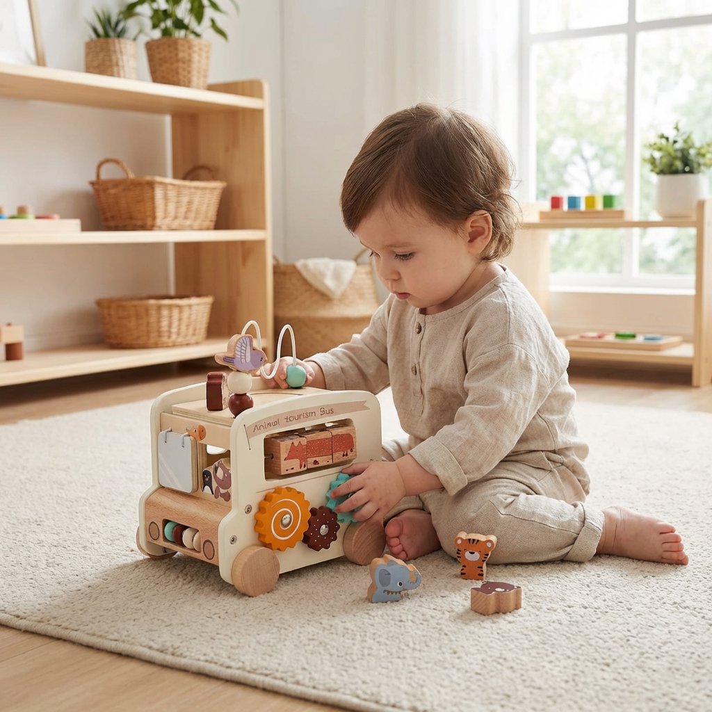 Brinquedo Montessori Multifuncional de Madeira Ônibus Sensorial Educativo Brinquedos de Madeira 08 Kabannas 