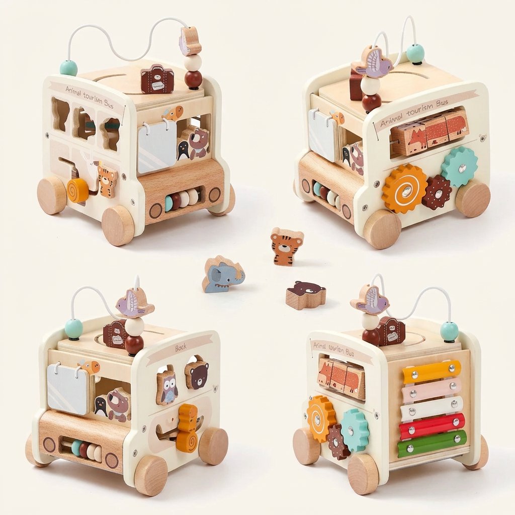 Brinquedo Montessori Multifuncional de Madeira Ônibus Sensorial Educativo Brinquedos de Madeira 08 Kabannas 