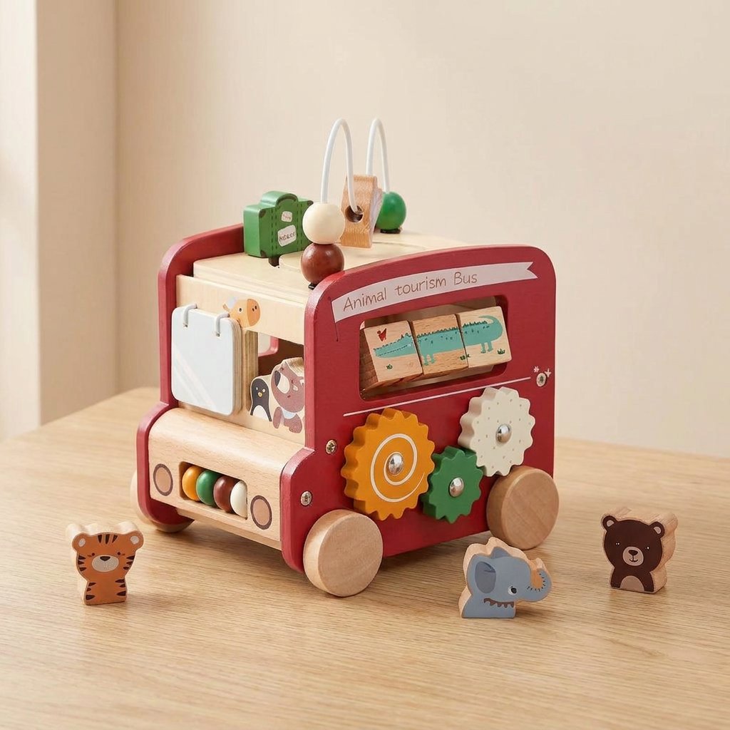 Brinquedo Montessori Multifuncional de Madeira Ônibus Sensorial Educativo Brinquedos de Madeira 08 Kabannas Vermelho 