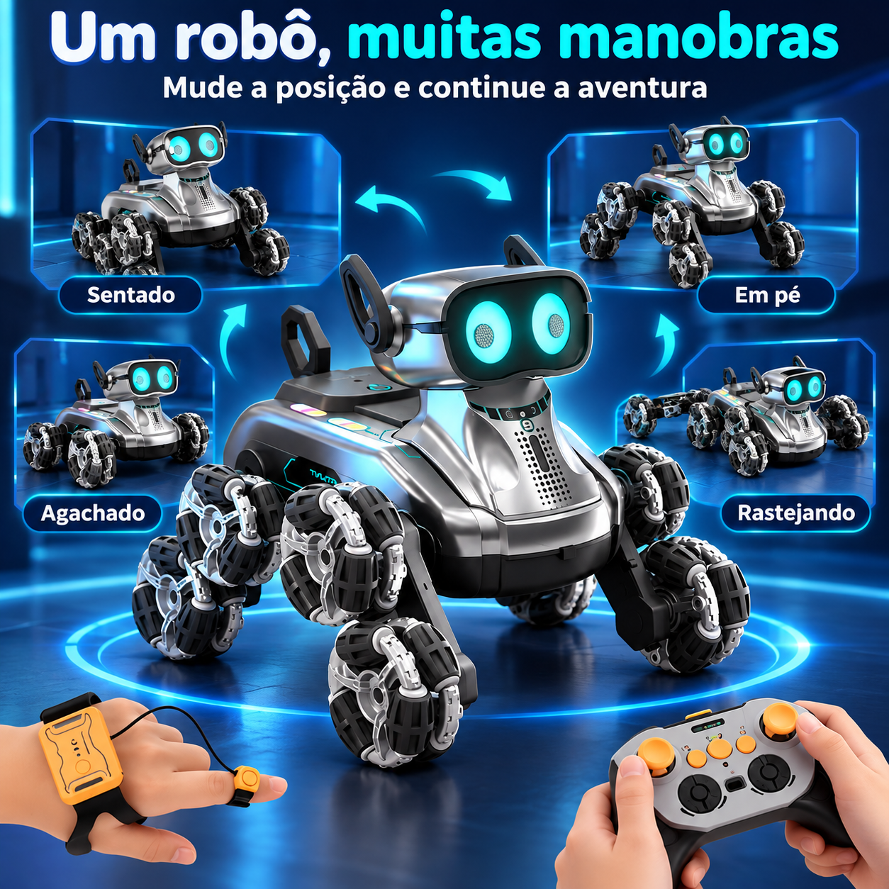 Cachorro robô em quatro posições de movimento