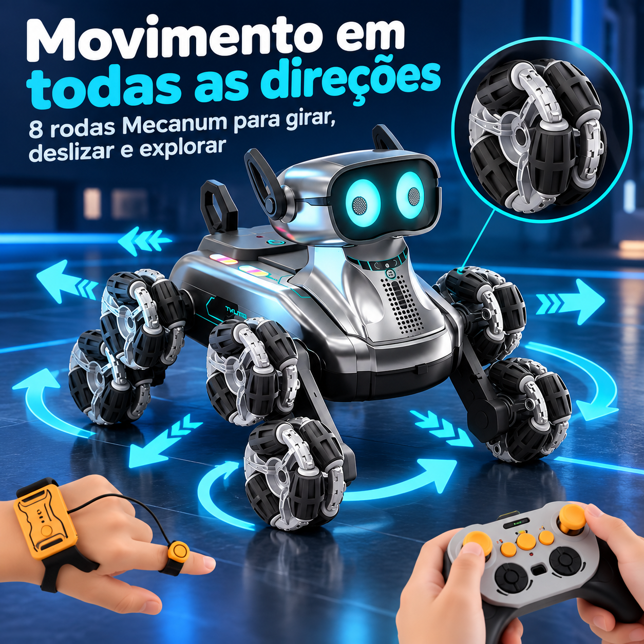 Cachorro robô com oito rodas Mecanum e movimento multidirecional